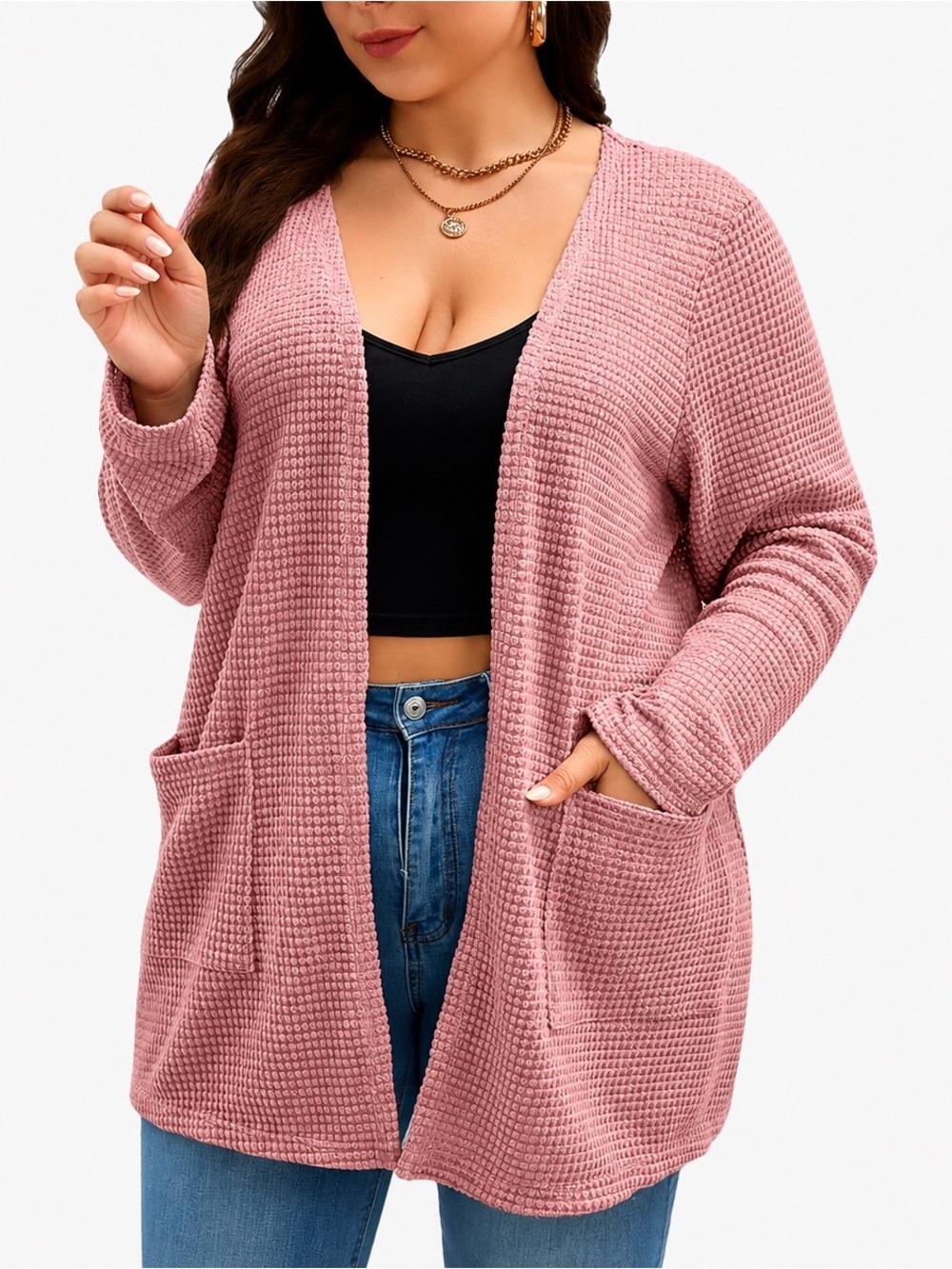 SHEIN Curve Plus Size 2X Pink Waffle Knit Open Front Cardigan Sweater Pockets